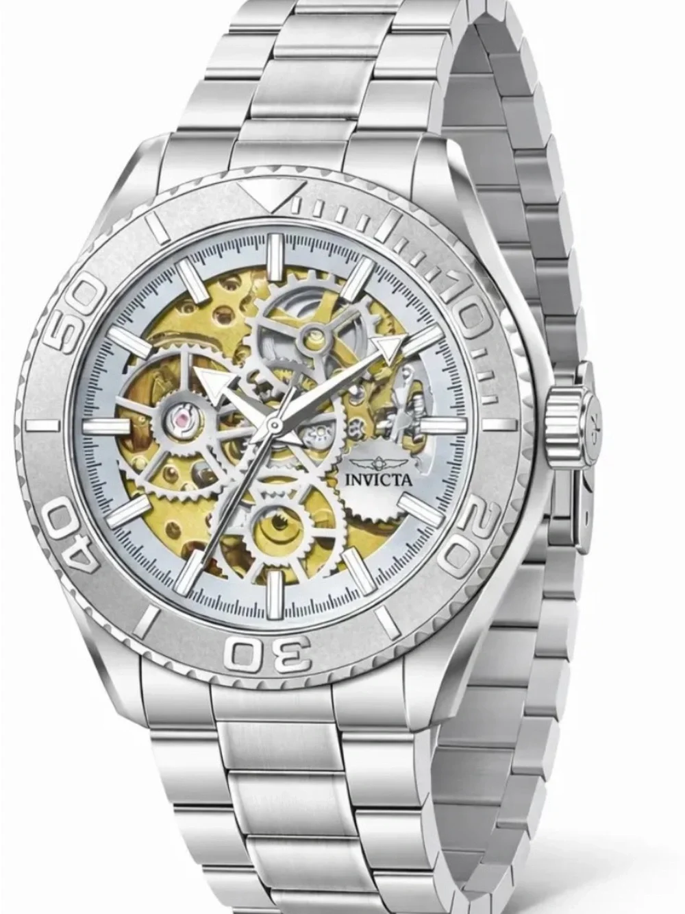Invicta Silver Skeleton Mechanical Objet D Art Men Watch - Silver/Gold Dial